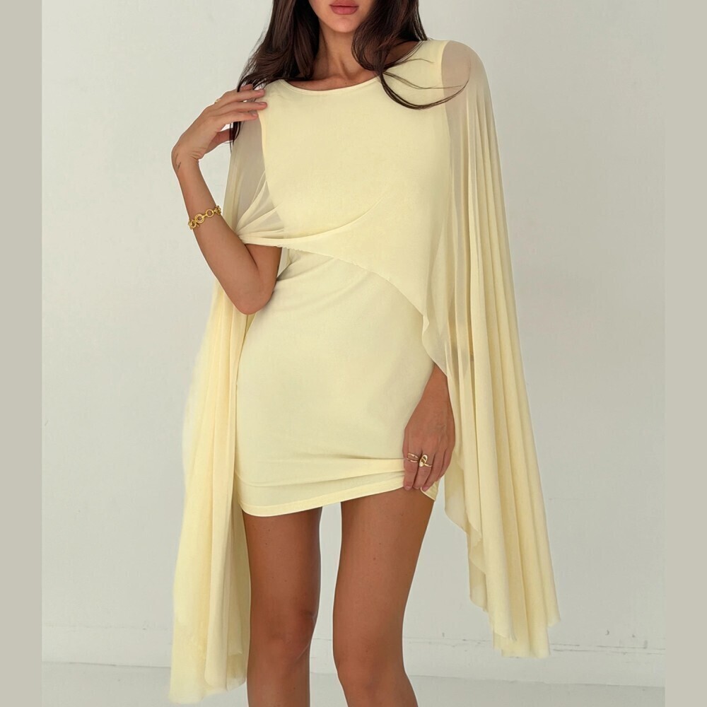 Pale Yellow Knit Draped Sheer Cape Sleeve Boat Neck Mini Dress